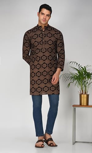 Image of Vastraa Fusion Men's Printed Kurta Pure Cotton Long Kurta, Round Collar, Full Sleeves, Button Kurta, Ethnic Wear
