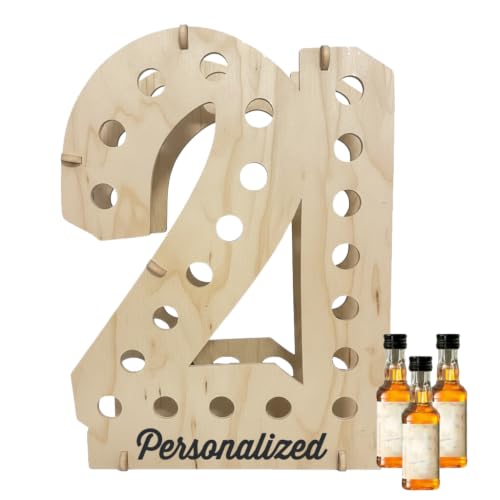 Image of Lumber Reveal USA | Natural Wood Personalized Mini Liquor Bottle Display | 21st Birthday Decorations | Holds 21 Shooter Bottles | Unique 21st Birthday Gifts | 4 Colors | Glam Finish Options