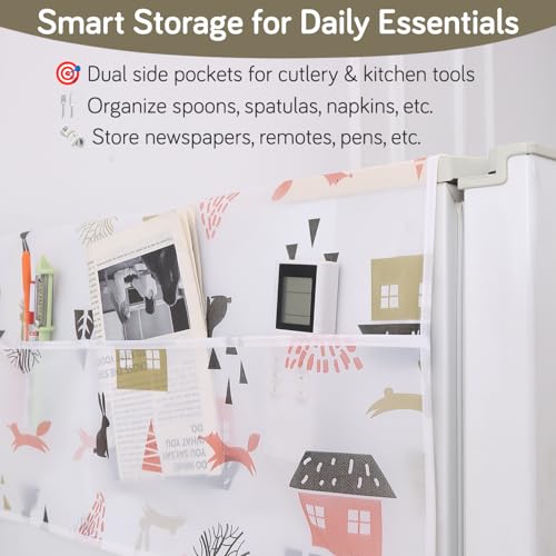 Image of HOKIPO Large Fridge Cover Top | For Bigger Double Door Refrigerator | Waterproof, Printed with 6 Side Pockets, Size Large 180x62 cm, Woodland Village (AR-5876-D4)