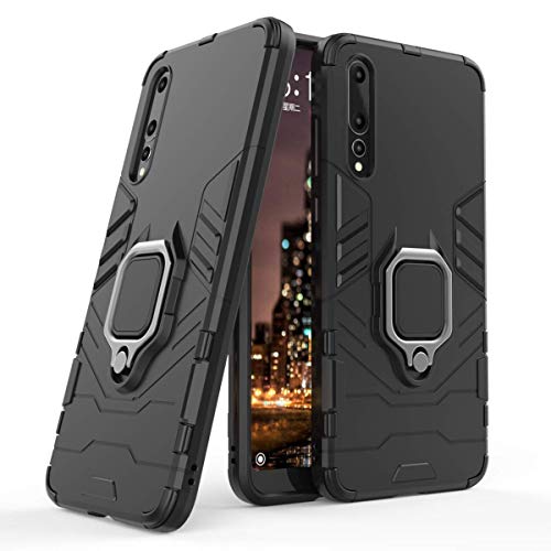 Compatible con Huawei P20 Pro Funda, Anillo Metálico Sujeción Soporte Antichoque Rígido Caja (Funciona con el Montaje de Coche Magnético) Doble Capa Sólido Case Carcasa para Huawei P20 Pro (Negro)