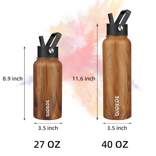 Image of BJPKPK Insulated Water Bottles with Straw Lid, 40oz Stainless Steel Water Bottles with 3 Lids, BPA Free Leakproof Thermo, Tumblers, Cups for Sports, Gym- Teakwood