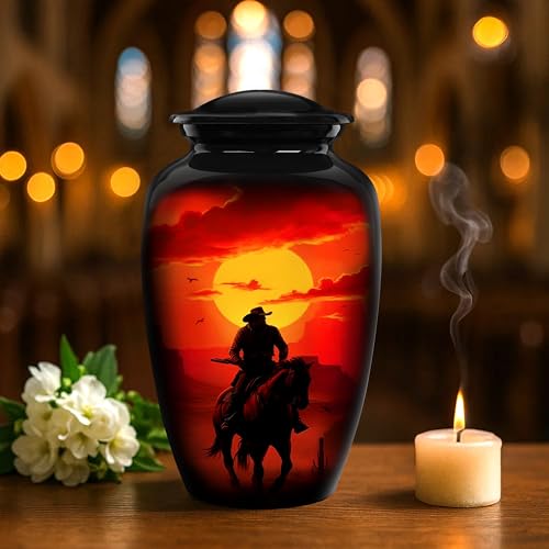 Image of Cremation Urns for Human Ashes Adult Male Female - Large Funeral Men Urn for Ashes, Western Decorative Burial Memorial Urn with Black Velvet Bag, Cowboy, 200 Cu in