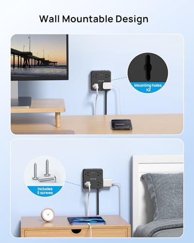 Image of TROND 360 Rotating Flat Plug Power Strip, 10FT Flat Extension Cord with Multiple Outlets 4 USB (2 USB C), Wall Mount Surge Protector 1440 Joules for Home Office Travel Dorm Room Essentials, Black