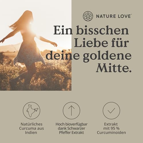 NATURE LOVE® Curcuma 15000 - Kurkuma Kapseln - 9 Monate Reichweite - hochdosiert 95% Curcumin pro Kapsel - mit schwarzem Pfeffer - vegan, laborgeprüft & in Deutschland produziert