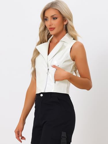 Allegra K Women's Metallic Faux Leather Vest Lapel Collar Zip Sleeveless Cropped Jacket3
