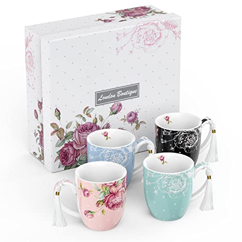 London Boutique Juego de 4 tazas de regalo vintage Shabby Chic Flora 4 colores regalo para mujeres 350ml (rosas) Cover