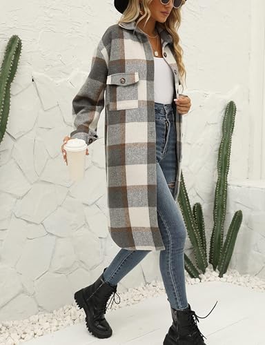 Jhsnjnr Damen Oversize Flanell Hemdjacke mit Knöpfen Warm Langarm Winterjacke Lang Revers Karierte Mantel
