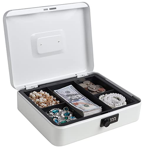 Kasten Metal Cash Box With Money Tray And Combination Lock, Money Box For Cash Saving, 11.8"X 9.5"X 3.5", Large White #TOP1