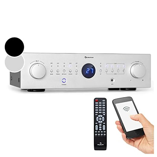Auna HiFi Stereo Mini Verstärker Mit Bass & Treble Regler, 4 Kanal Audio-Verstärker, Lautsprecher Mit Fernbedienung & AUX Eingang, AV Receiver