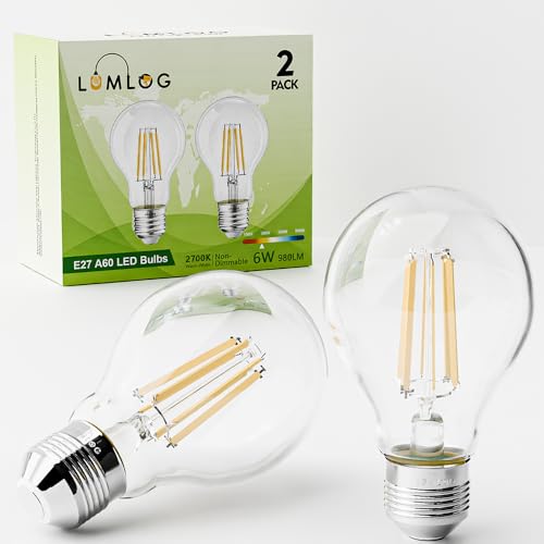 Lumlog A60 E27 LED Vintage Light Bulbs Warm White 2700K, 6W Edison Screw LED Filament Bulb 60W Equivalent, Energy Saving Non-Dimmable 980LM 2Pack [Energy Class C]