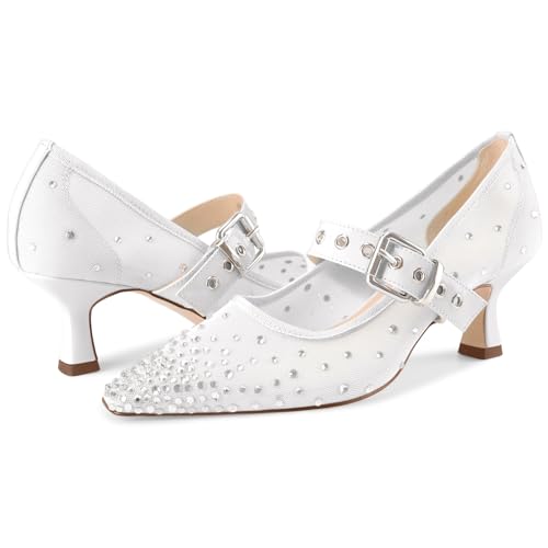 Image of Women's Mesh Closed Pointed Toe Heels Rhinestone Ankle Strap Buckle Kitten Heeled Mary Jane Pumps Dressy Prom Wedding Sandals Shoes 2 inch