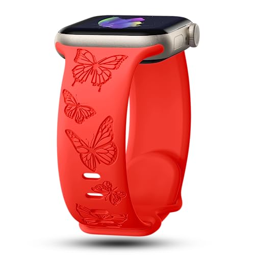 Image of Butterfly Engraved Bands Compatible with Apple Watch Band 41mm 40mm 38mm 49mm 46mm 49mm 46mm 45mm 44mm 42mm Women, Silicone Sport Strap for iWatch Series SE 10 9 8 7 6 5 4 3 2 1 SE Ultra