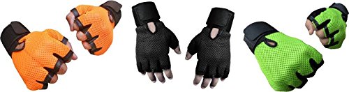 CP BIGBASKET Pack of Three (3) Netted with Wrist Support Gym & Fitness Gloves (Free Size) Orange-Black-Green