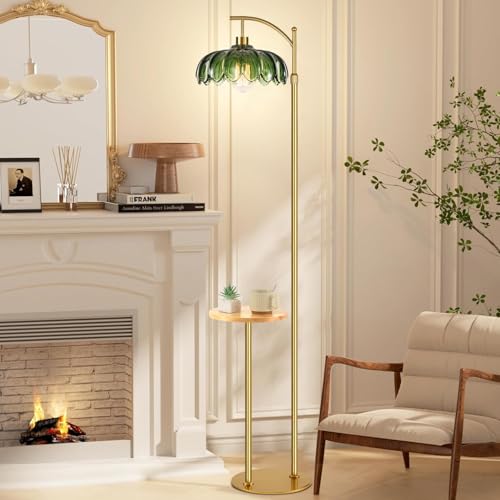 Image of QIYIZM Glass Floor Lamp with Table and Shelves for Living Room Bedroom,Gold Standing Lamp with Remote Dimmable,Boho Brass Tall Lamp Vintage Farmhouse Arc Green Flower Floor Light Bohemian