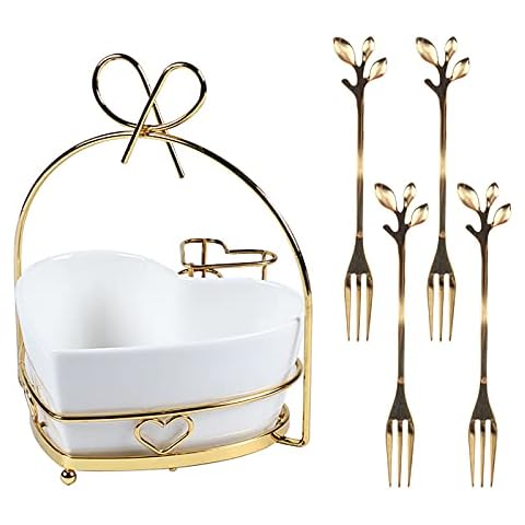 Ensaladera de cerámica en forma de corazón con soporte de metal y tenedores de frutas Cover