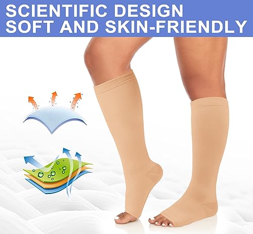 Image of Refeel Open Toe Compression Socks for Women & Men Wide Calf, 15-20mmHg Toeless Knee High Stockings for Circulation Support