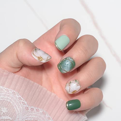 Sun&Beam Nails Handmade Press-on Short Squoval Round Green White Hand-Painted glossy Ombre Design Fashion False Nail Tips 10 Pcs Set (#033 L) - Image 3