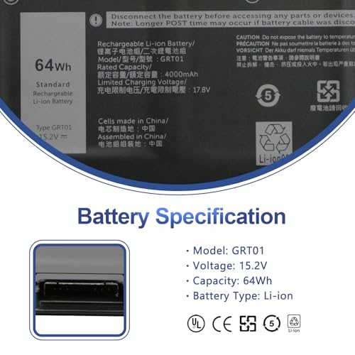 Image of ANTIEE GRT01 64Wh Laptop Battery for Dell Latitude 5421 5431 5521 5531 | Precision 3470 3561 3571 3581 3591 Mobile Workstation Alienware M17 R5 AMD Gaming Battery 0P3TJ 0R05P0 05RGW 15.2V 4-Cell