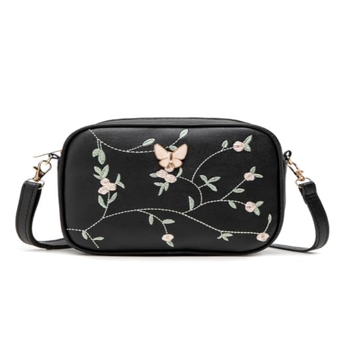 Bolsas de ombro transversais para mulheres, mini bolsas com estampa de bordado floral, bolsa de ombro pequena de poliuretano com fecho de zíper, Xk Preto