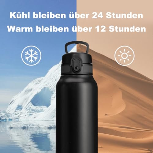 UZSPACE Edelstahl Trinkflasche 1l (970ml), Isolierte Thermosflasche mit 1-Klick-Öffnung, 100% Auslaufsicher, Sport Wasserflasche für Wandern Sport Fitness Gym Outdoor, Schwarz