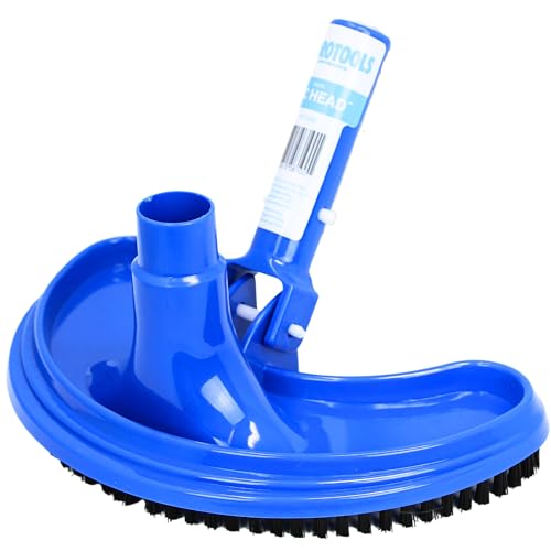 SWIMLINE HYDROTOOLS Manual Pool Vacuum Head Attachment For Inground & Above Ground Pools | Swimming Pool Vac Head Half Moon W/ Bristles| Hose 1-1/4/1-1/2’’| EZ Clip Handle Clean Debris, Corners, Blue