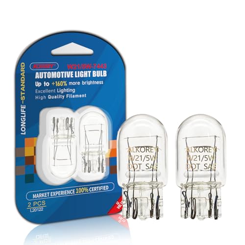 ALKOREY 7443 T20 W21/5W 12V 21/5W Reverse Light Bulbs,2700K Warm White Lights,Tail Brake Lights Backup Lights Turn Signal Lights, 2 Pack