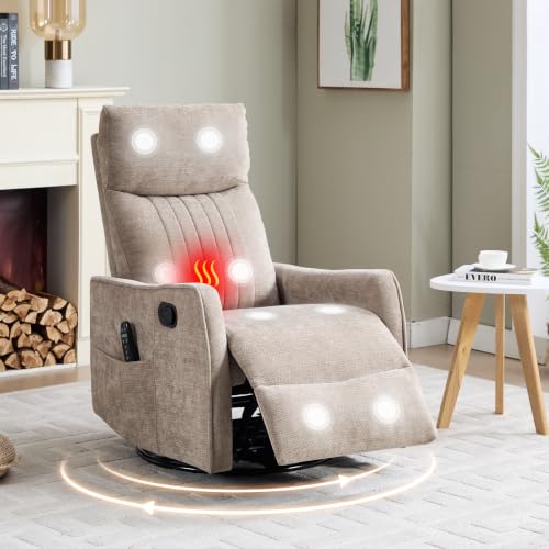 Image of Manual Swivel Rocker Recliner Chair for Adults, Overstuffed Reclining Glider Chair for Nursing with Vibration Massage & Heat, Living Room Rocking Recliner 2-Stage backrest, Chenille Fabric Khaqi
