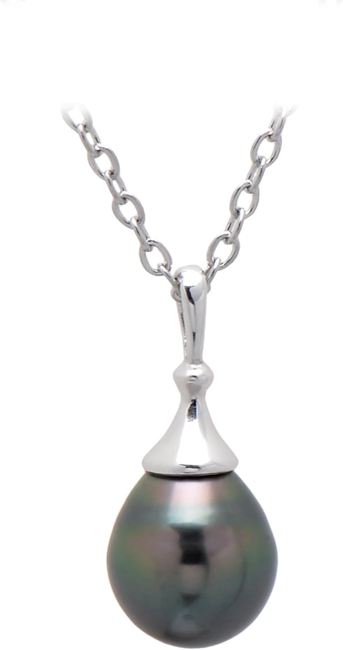 Paialco 9-10 MM Cultured Tahitian Black Pearl Pendant, Sterling Silver Dainty Drop Charm Necklace for Women