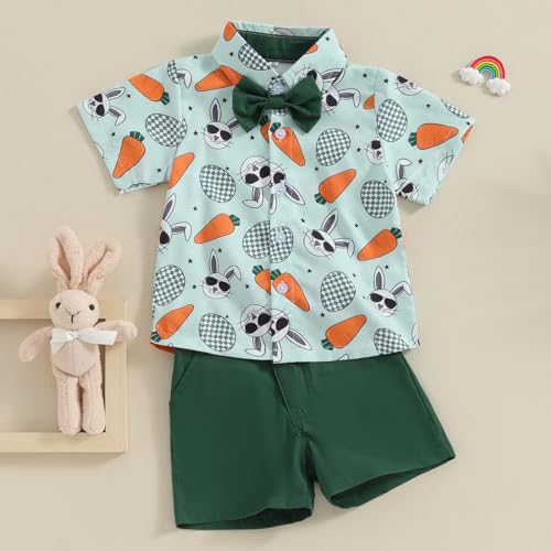 Image of Owl's-Yard Baby Boy Easter Outfits Rabbit Carrot Short Sleeve Button Down Shirts and Solid Color Shorts 2 Pcs Summer Set