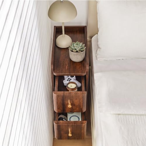 Image of Narrow Nightstand Set of 2, Wooden Small 2 Drawer Nightstand, Slim Side End Table, Skinny Bedside Table, Mid Century Modern Night Stand with Drawers for Bedroom (Cherry Walnut-2 pcs)