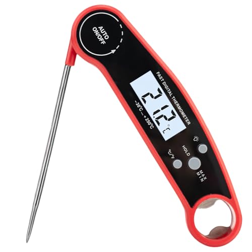 Termómetro Cocina - Meat Thermometer Termómetro Digital Cocina para Carne, Barbacoa, BBQ y Alimentos - Pantalla LCD Clara - Función de Encendido/Apagado Automático - Color Rojo