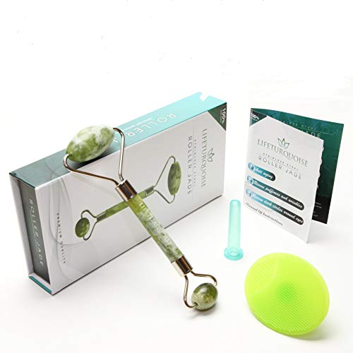 LifeTurquoise 3 in 1 Facial Jade Roller | Face Roller Massager, Silicone Cleansing Brush, and Face Suction Cup for Cupping Therapy – Authentic Himalyan Jade Stone – Reduces Puffiness and Fine Wrinkles