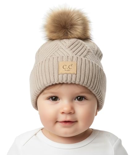 Image of Funky Junque Baby Pom Pom Beanie – Soft Knit Infant Winter Hat for Baby Girls & Boys, Cozy Warm Newborn Beanie 0–12 Months