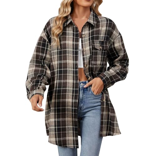 Keepink Karierte Flanellblusen und Hemden für Damen – Größe 36-44 – Übergroßes Langarmhemd – Kragen – klassische Jacke – langes Oberteil für Arbeit und Büro, 5, 5 Kaffee, 42