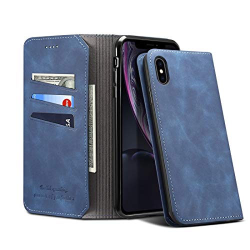 Étui en cuir iPhone XR bleu avec porte-carte et support horizontal chic