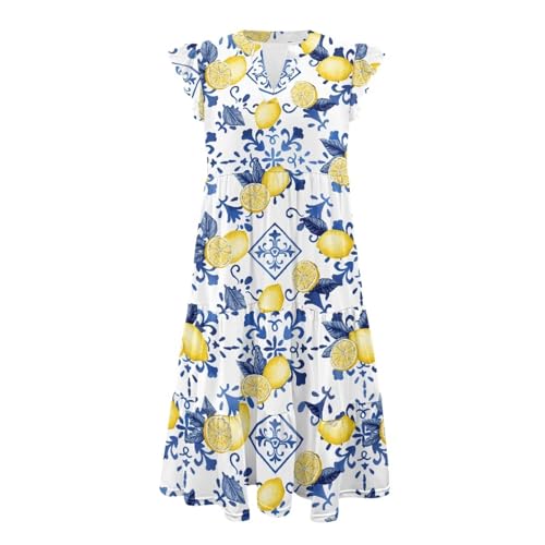 Image of Womens Summer Dress Ruffle Sleeve V Neck Dress Casual Fit Flowy Beach Vacation Sundress with Pocket S-2XL