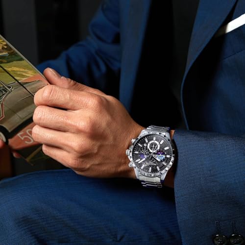 Image of ROCOSJEWE R0916 Men's Quartz Watch with Blue and Black Dial, Stainless Steel Strap, Date, Moon Phase and Luminous Hands
