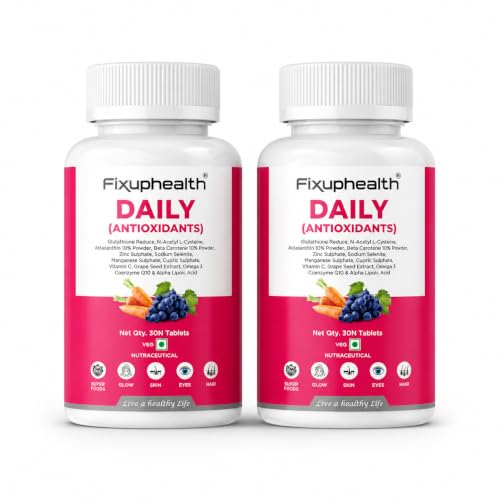 Image of Fixuphealth Daily Antioxidants CoQ10 & Glutathione Supplement | NAC, Astaxanthin, Alpha Lipoic Acid, Zinc & Selenium | Skin Brightening, Hair, Eye & Immunity Support | 30 Tablets (Pack of 2)