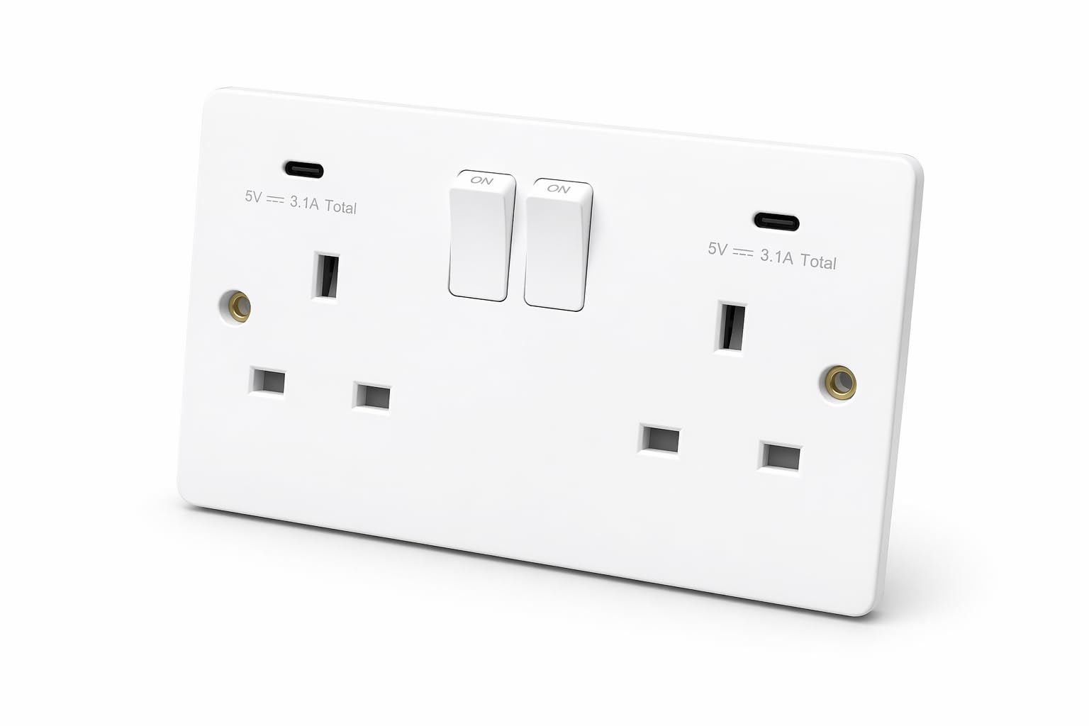 SHP Electrical® Curved Double Socket with 2 x FASTCHARGE 15W USB-C Ports, 2 Gang Switched Wall Socket White, Double Plug Socket for Bedroom Kitchen Office