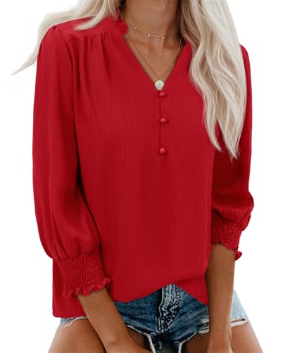 Gleeivy Red Blouses for Women Dressy Casual 3/4 Length Sleeve Womens Tops 2026 Fashion Spring Trendy Smocked Business Casual Work Red M