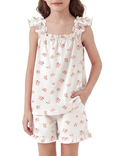 Arshiner Girls Pajamas Ruffle Tank Top and Shorts Sets Soft Cute 2 Piece Sleepwear for Kids White Flowers 12-13 Years