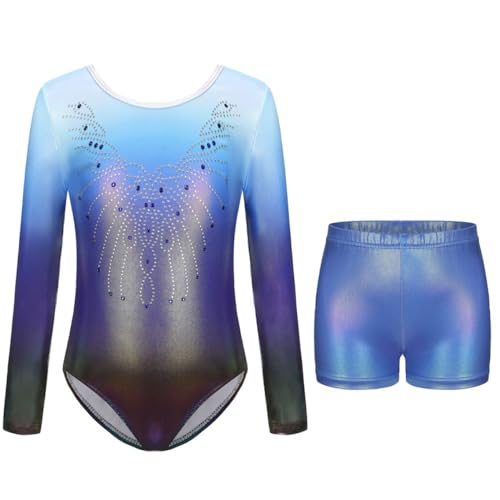 Image of Kiscorpse Gymnastics Leotards for Girls Gradient Sparkly Ballet Leotards Athletic Dancewear Long Sleeve/Sleeveless Sparkle Leotard Dancing for 5-12 Years (Blue-Long Sleeved, 5-6 Years)