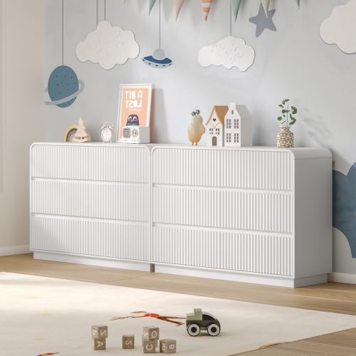 Image of BORNOON Dresser for Bedroom with 6 Drawers, Fluted Chest of Drawers with Round Curved Corner, Hidden Handles, Modern Wood Storage Organizer for Bedroom, Nursery, Living Room