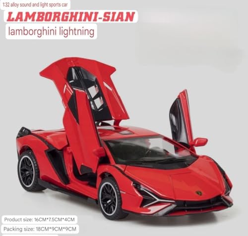 Image of 1:32 Lamborghini Sian Die-cast Metal Toy Car Pull Back Super Car with Openable Doors, Sound & Light for Kids (Red)