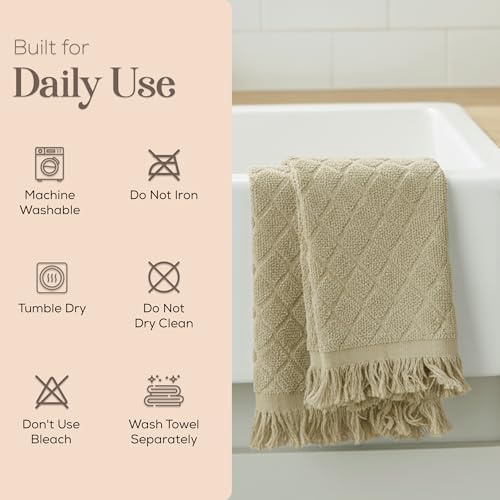 Image of Kitchen Towels, Set of 4 Hand Towels, Sage Taupe Diamond Pattern Drying Towels 18 x 28 Super Absorbent Cotton Hand Cloths with Fringed Edges, Everyday Essentials Kitchen Linens