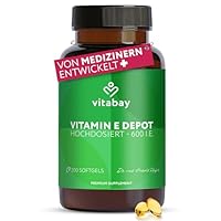 Vitabay Vitamin E 600 I.E. Depot – 200 vegane Softgel Kapseln – natürliches D-Alpha-Tocopherol – hochdosiert – schützt die Zellen vor oxidativem Stress – laborgeprüft – 12 Monate Vorrat