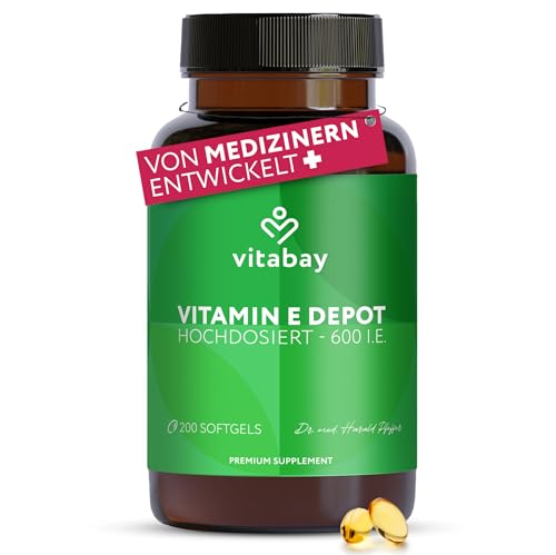 Vitabay Vitamin E 600 I.E. Depot 200 vegane Softgel Kapseln natürliches D-Alpha-Tocopherol hochdosiert schützt die Zellen vor oxidativem Stress laborgeprüft 12 Monate Vorrat