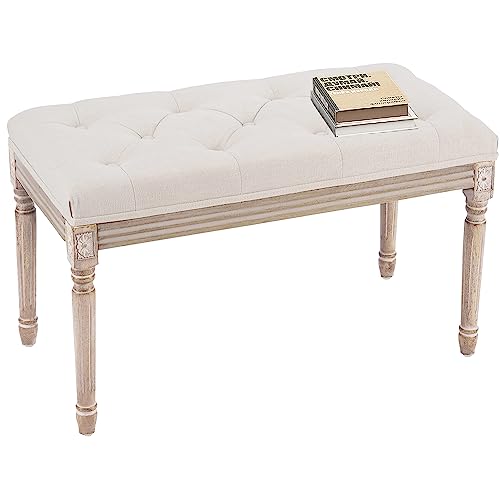 Yusong Upholstered Bench,Bedroom Bench For End Of Bed,Piano Bench Dining Bench Entryway Shoe Bench With Button Tufted Padded Seat For Living Room, Vanity Bench Foot-Stool With Carved Wood Legs,Beige #TOP21