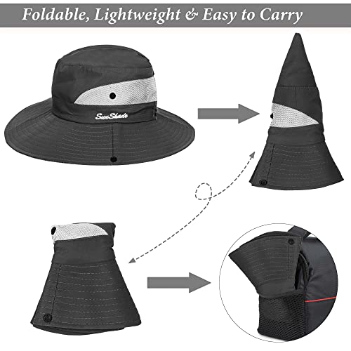 Sombreros de sol plegables con protección UV para mujer, sombrero de pesca de ala ancha para playa con agujero para cola de caballo, Gris oscuro, Talla única