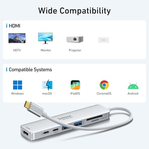 Image of Selore&S-Global USB C Hub HDMI Adapter for MacBook Pro /Air, 7 in 1 USBC Dongle with HDMI, microSD /SD Reader, USB C Data Port,100W PD and 2 USB 3.0 Compatible for MacBook Pro /Air(Light Sliver)